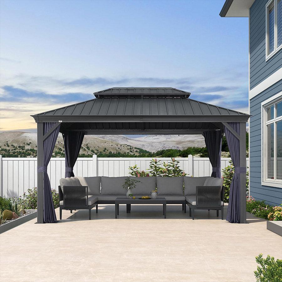 PURPLE LEAF Outdoor Hardtop Gazebo for Patio Grey Aluminum Frame Pavilion with Navy-Blue Curtain - Image 38