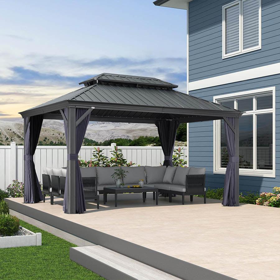 PURPLE LEAF Outdoor Hardtop Gazebo for Patio Grey Aluminum Frame Pavilion with Navy-Blue Curtain - Image 4