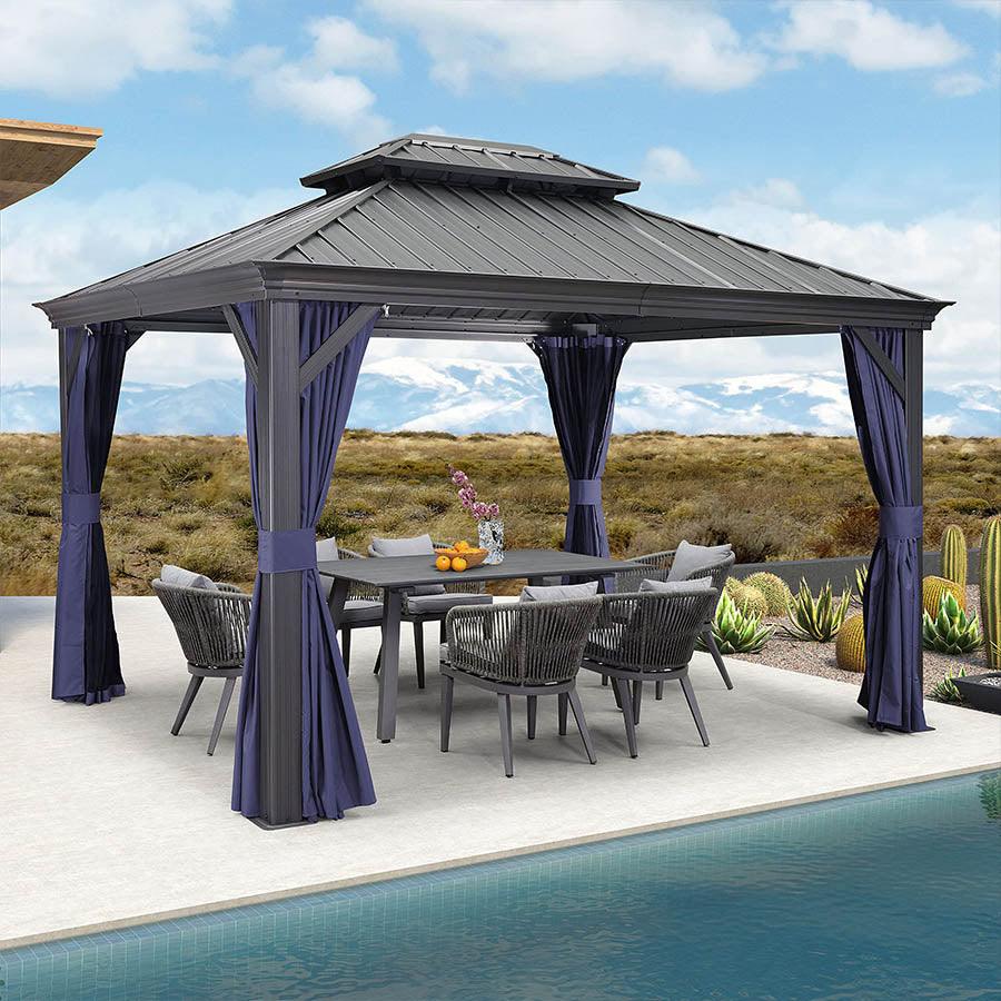 PURPLE LEAF Outdoor Hardtop Gazebo for Patio Grey Aluminum Frame Pavilion with Navy-Blue Curtain - Image 5