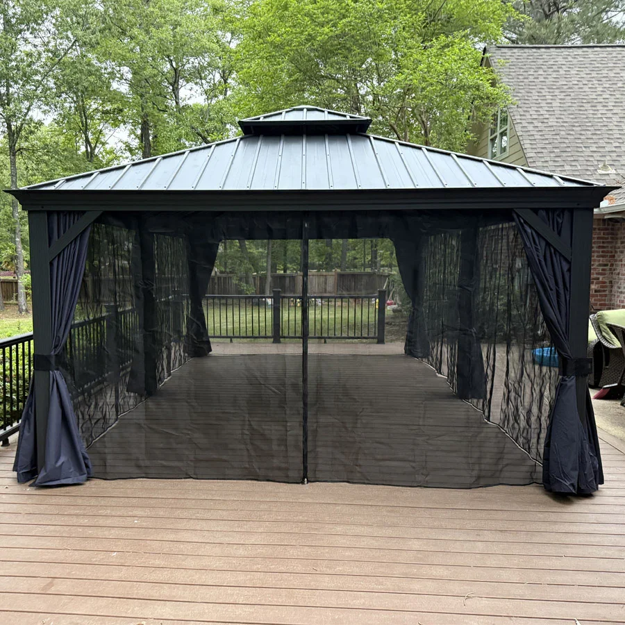 PURPLE LEAF Outdoor Hardtop Gazebo for Patio Grey Aluminum Frame Pavilion with Navy-Blue Curtain - Image 58
