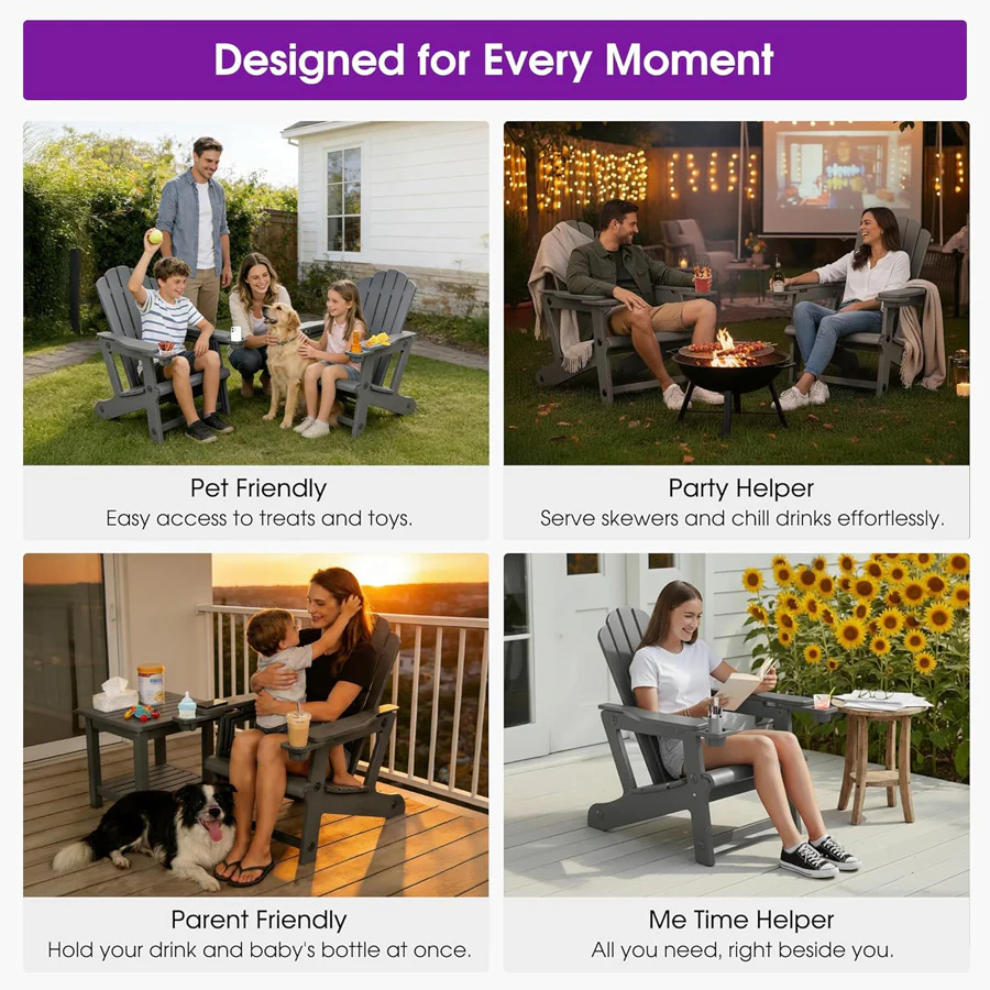 PURPLE LEAF Adirondack Chair Set of HDPE All-Weather Outdoor Fire Pit Chair with 24.6" Oversized Seat Wood-Textured Patio Adirondack Chair with Dual Cup Holders for Garden Deck Backyard - Image 10