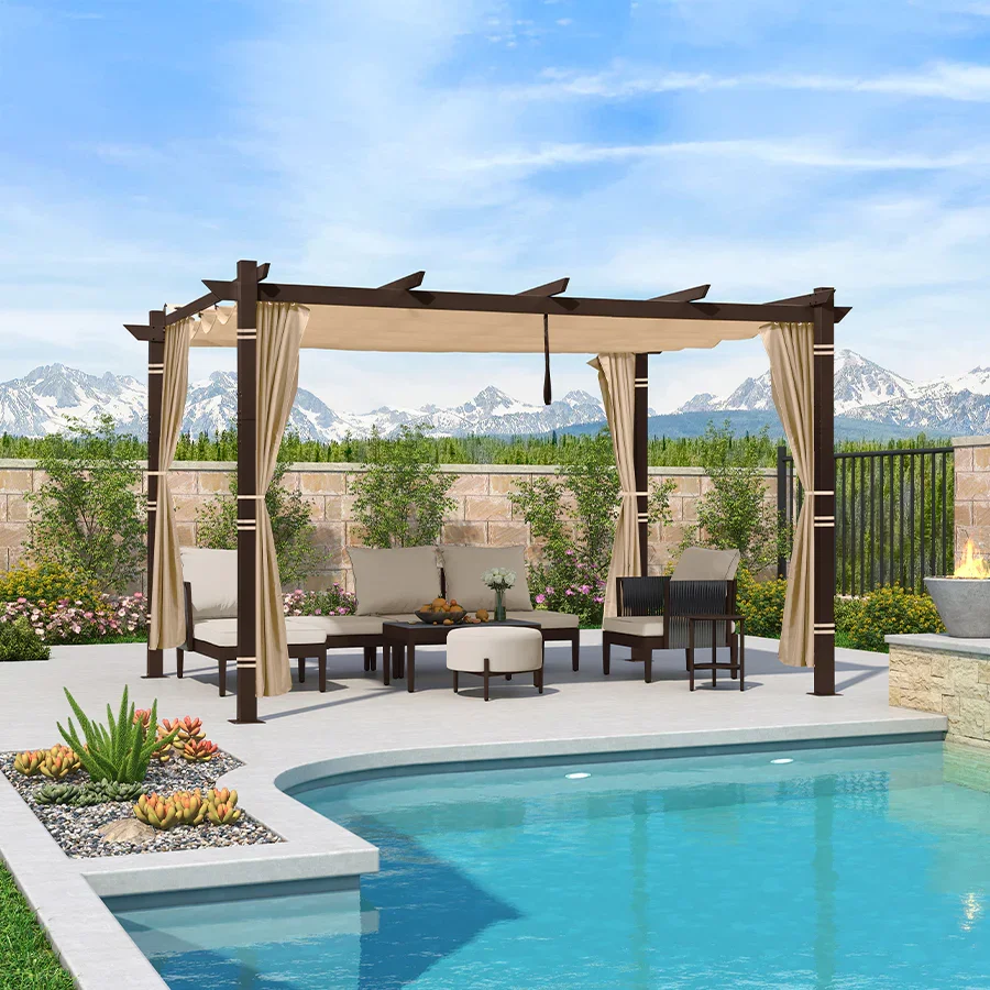 PURPLE LEAF Bronze Pergola Outdoor Retractable Metal Pergola with Canopy with Shade Cover With Curtains - Image 150