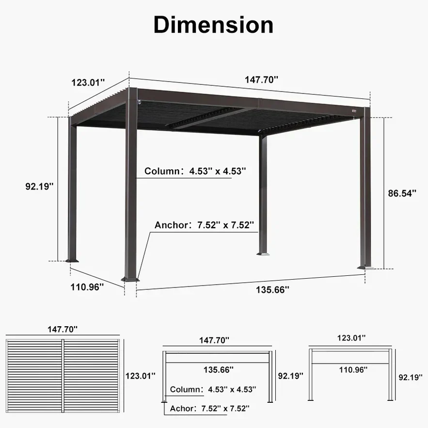 PURPLE LEAF Caesar Solar Louvered Pergola with LED Strip Lights and Control Panel Aluminum Outdoor Pergola with Adjustable Roof for Patio Deck Garden Yard Bronze - Image 6