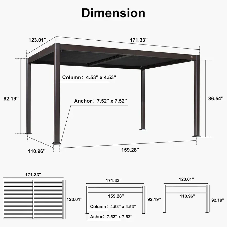 PURPLE LEAF Caesar Solar Louvered Pergola with LED Strip Lights and Control Panel Aluminum Outdoor Pergola with Adjustable Roof for Patio Deck Garden Yard Bronze - Image 7