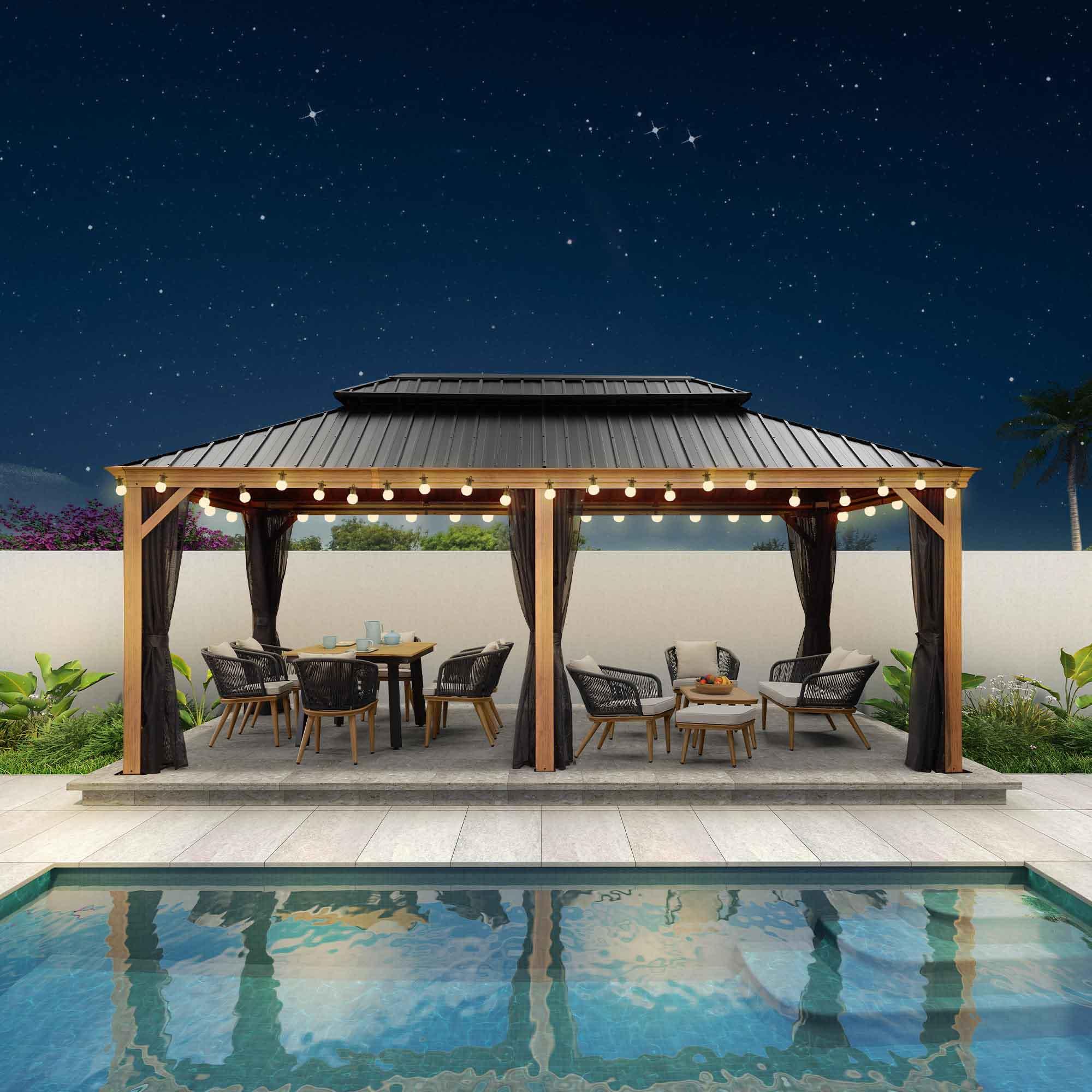 PURPLE LEAF Hardtop Gazebo for Patio Wood Grain Galvanized Steel Frame Awning with String Lights-milky - Image 12