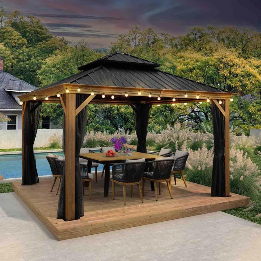PURPLE LEAF Hardtop Gazebo for Patio Wood Grain Galvanized Steel Frame Awning with String Lights-milky - Image 13