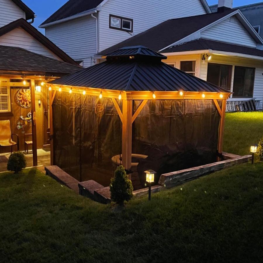 PURPLE LEAF Hardtop Gazebo for Patio Wood Grain Galvanized Steel Frame Awning with String Lights-milky - Image 16