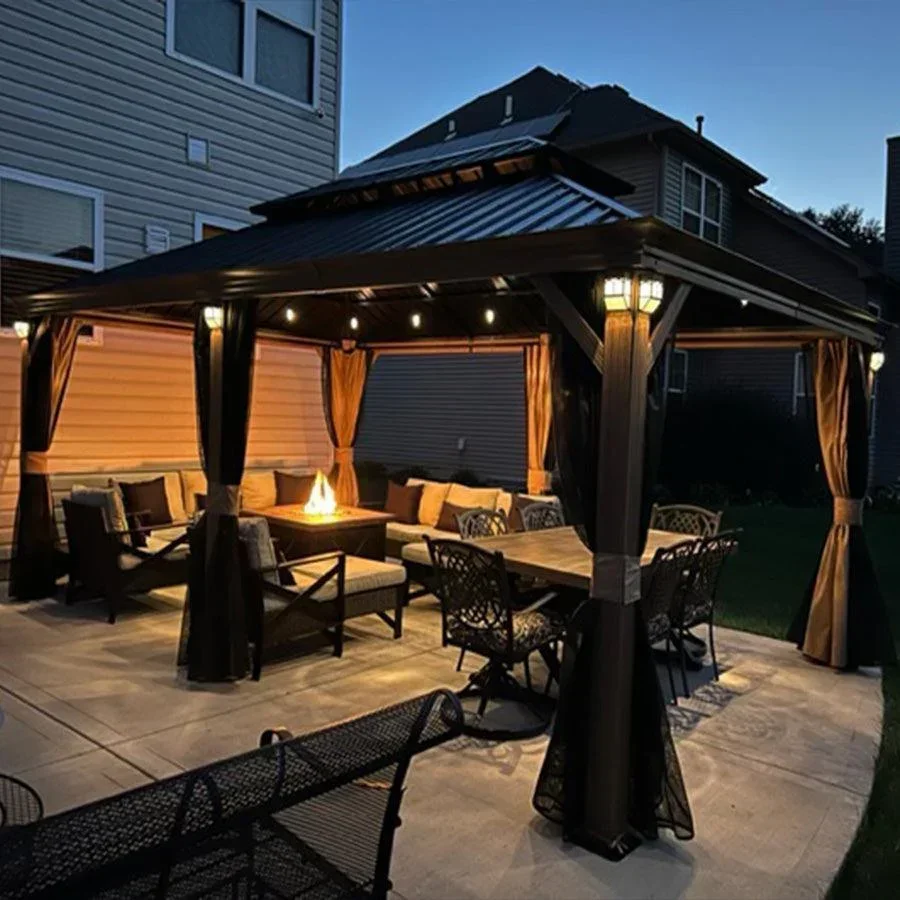 PURPLE LEAF Hardtop Gazebo for Patio Wood Grain Galvanized Steel Frame Awning with String Lights-milky - Image 17