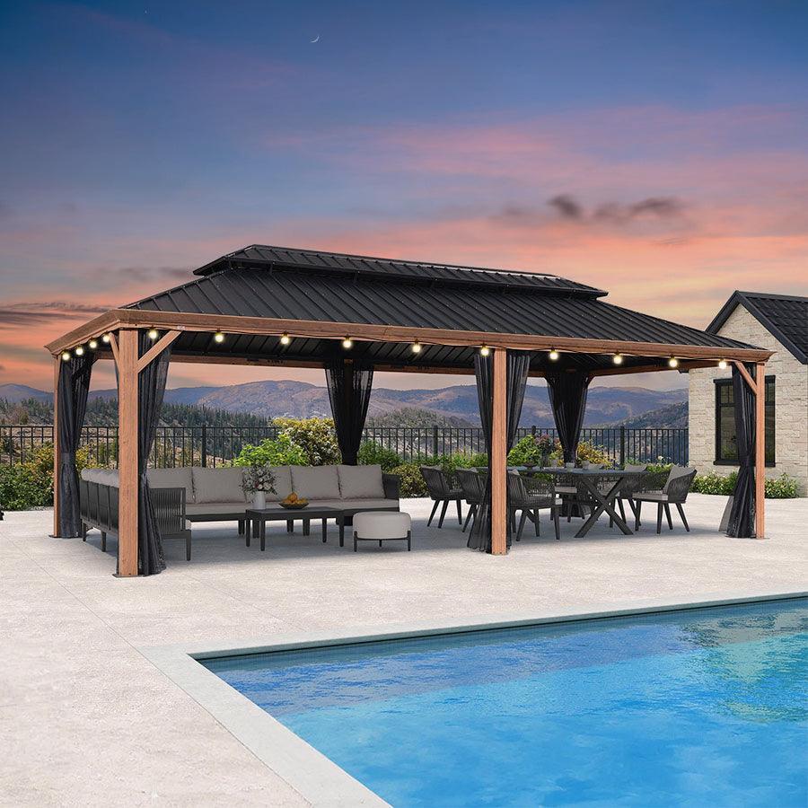 PURPLE LEAF Hardtop Gazebo for Patio Wood Grain Galvanized Steel Frame Awning with String Lights-milky - Image 18