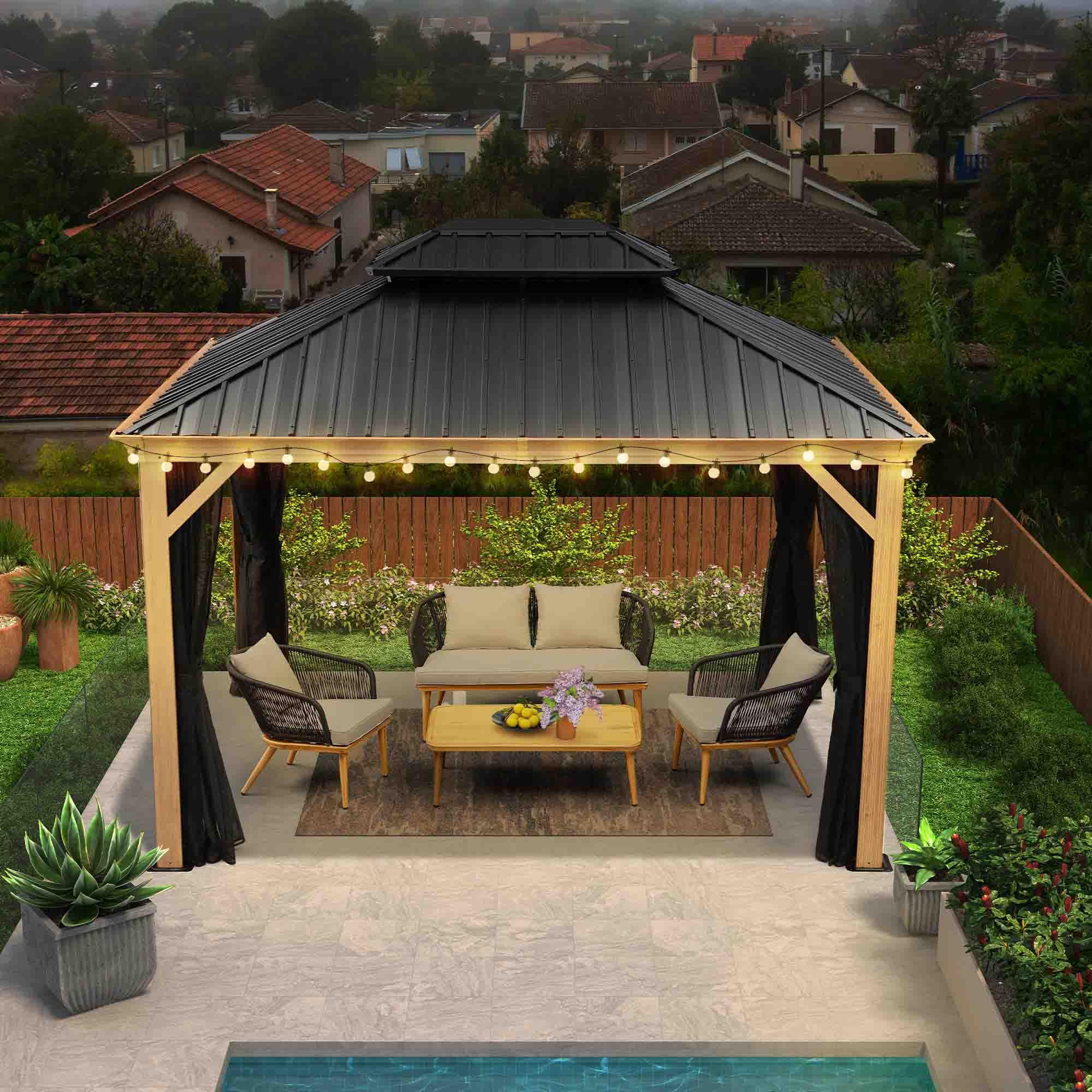 PURPLE LEAF Hardtop Gazebo for Patio Wood Grain Galvanized Steel Frame Awning with String Lights-milky - Image 3