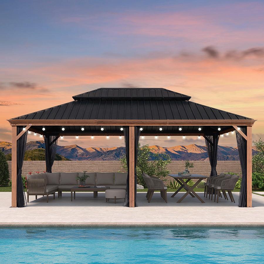 PURPLE LEAF Hardtop Gazebo for Patio Wood Grain Galvanized Steel Frame Awning with String Lights-milky - Image 39