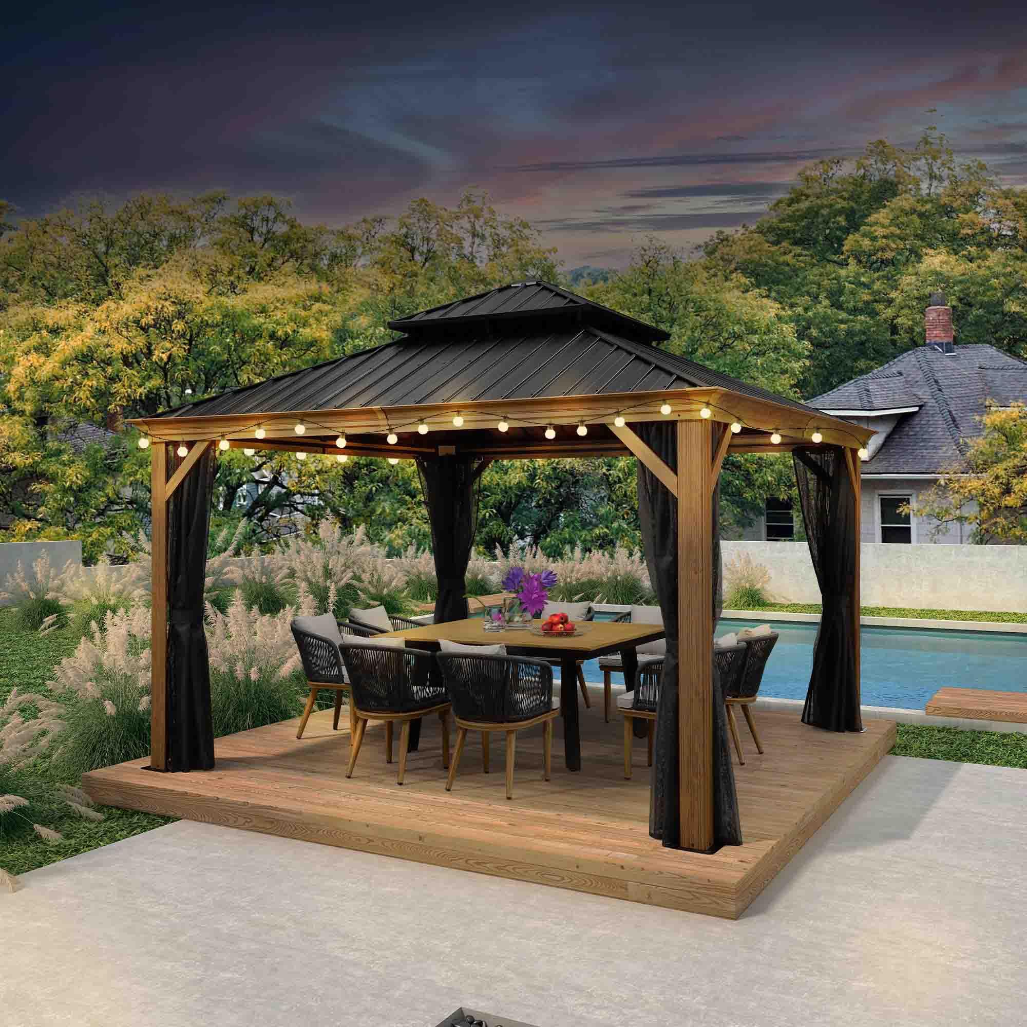 PURPLE LEAF Hardtop Gazebo for Patio Wood Grain Galvanized Steel Frame Awning with String Lights-milky - Image 4