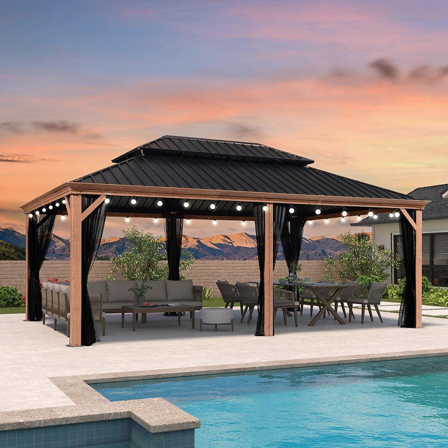 PURPLE LEAF Hardtop Gazebo for Patio Wood Grain Galvanized Steel Frame Awning with String Lights-milky - Image 40