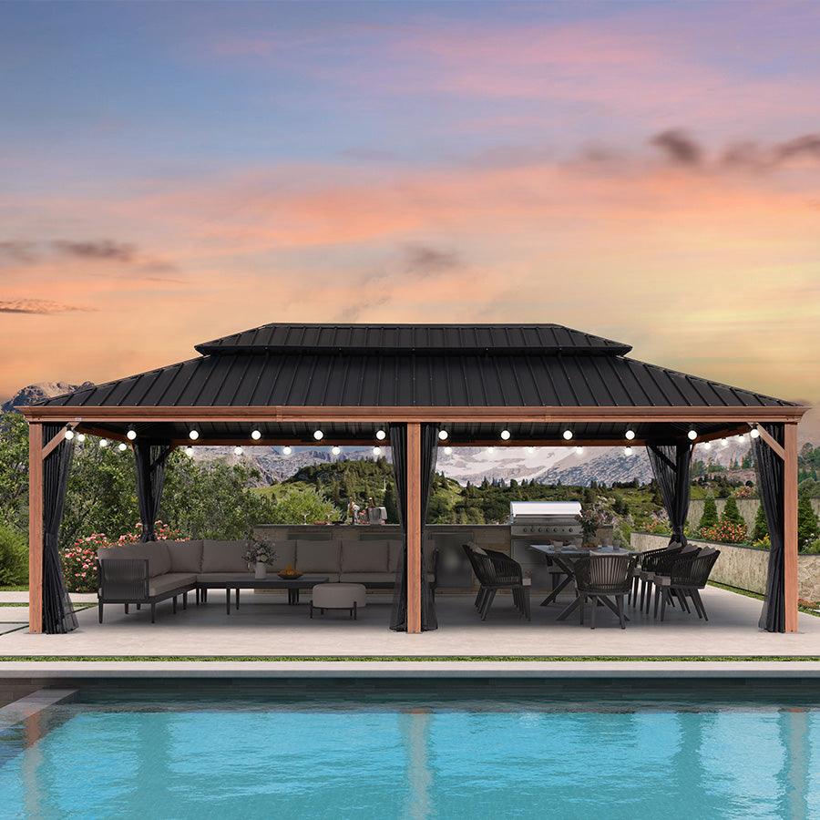 PURPLE LEAF Hardtop Gazebo for Patio Wood Grain Galvanized Steel Frame Awning with String Lights-milky - Image 43