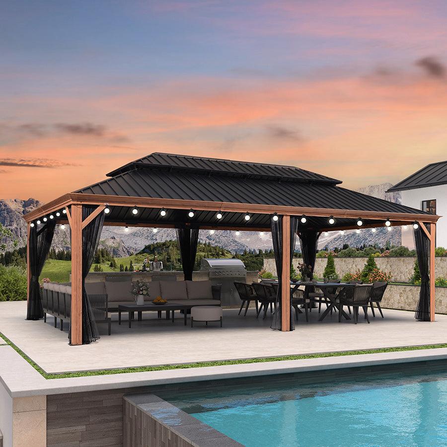 PURPLE LEAF Hardtop Gazebo for Patio Wood Grain Galvanized Steel Frame Awning with String Lights-milky - Image 44