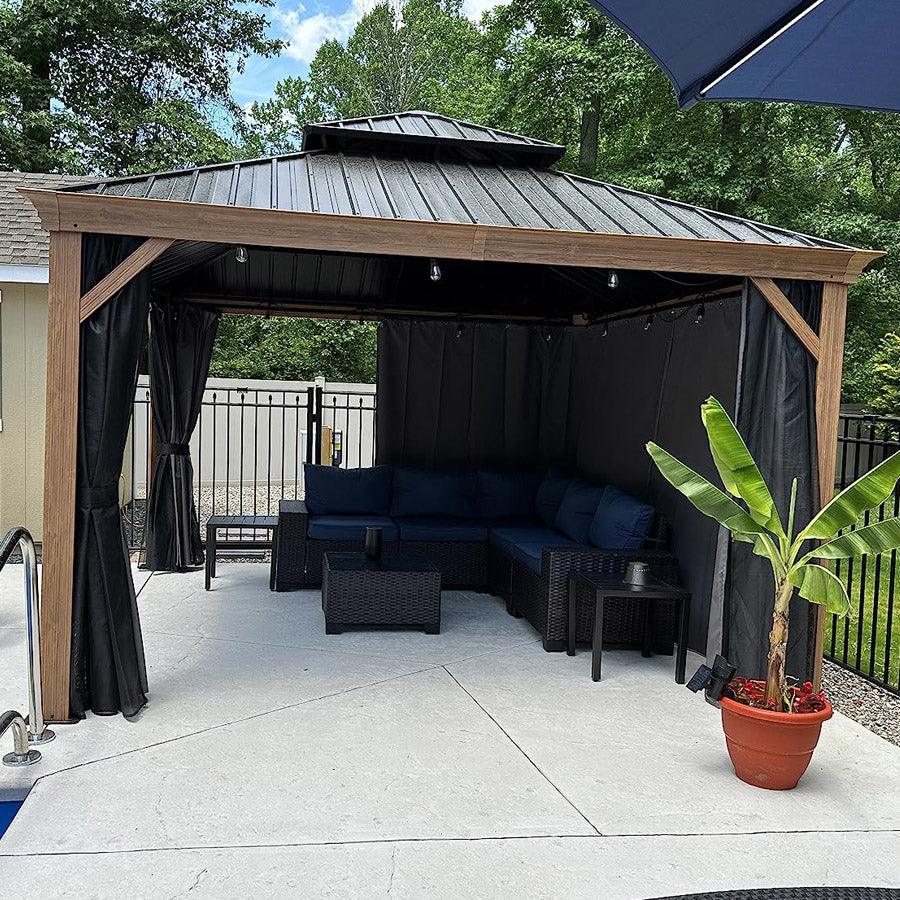 PURPLE LEAF Hardtop Gazebo for Patio Wood Grain Galvanized Steel Frame Awning with String Lights-milky - Image 45