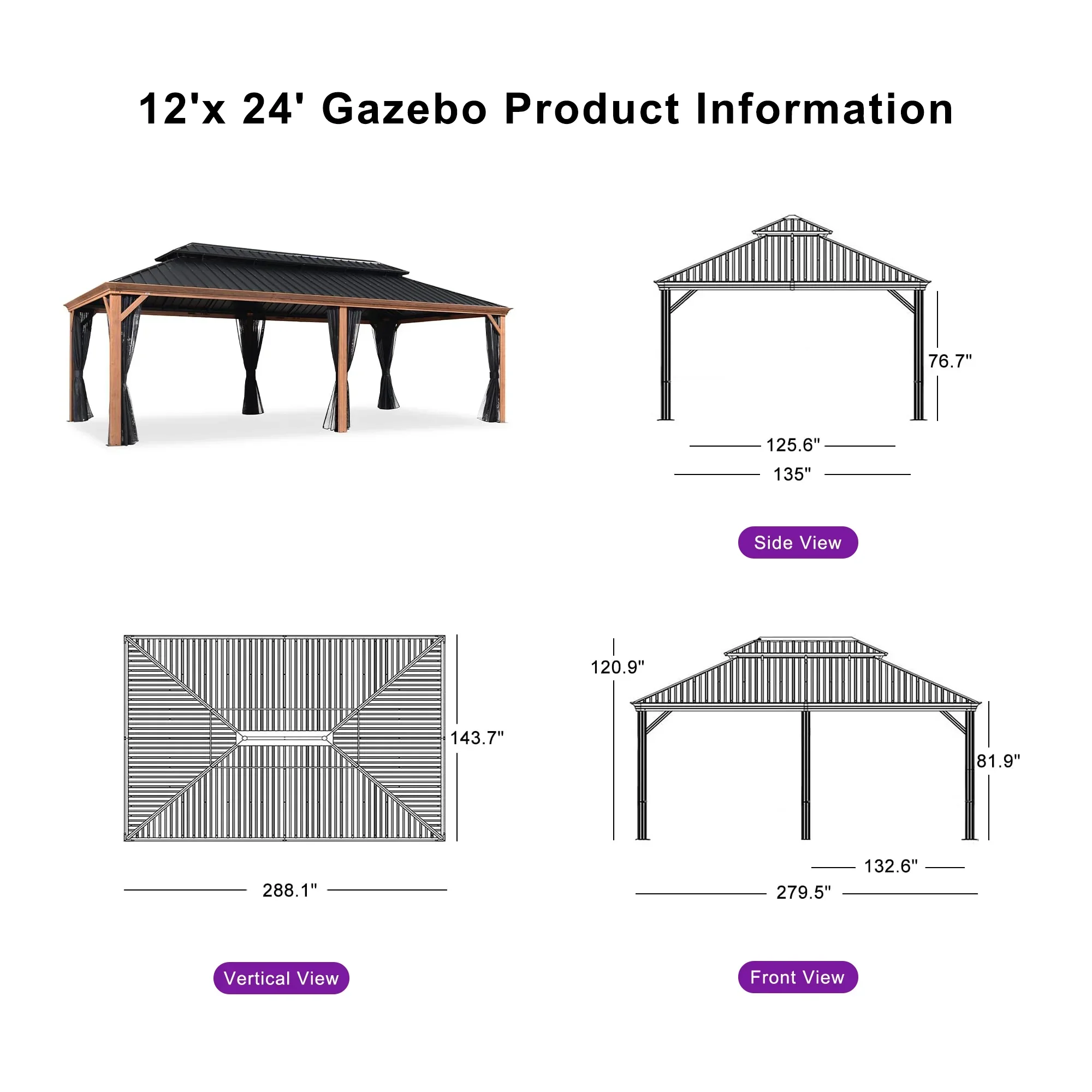PURPLE LEAF Hardtop Gazebo for Patio Wood Grain Galvanized Steel Frame Awning with String Lights-milky - Image 51