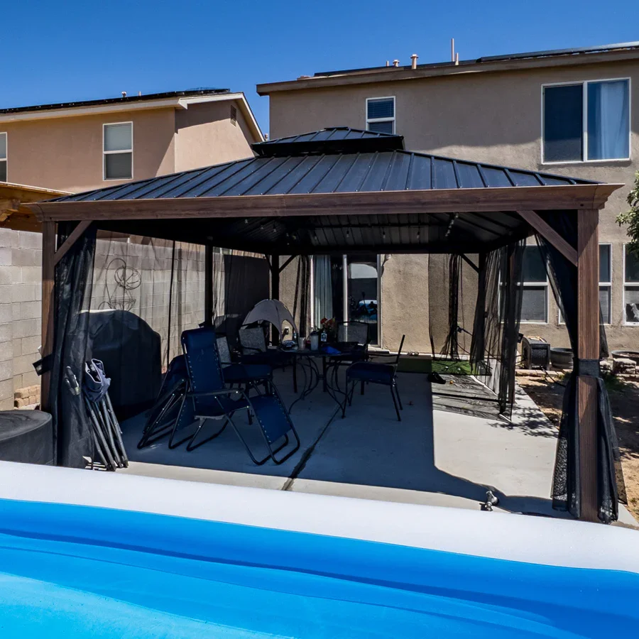 PURPLE LEAF Hardtop Gazebo for Patio Wood Grain Galvanized Steel Frame Awning with String Lights-milky - Image 54