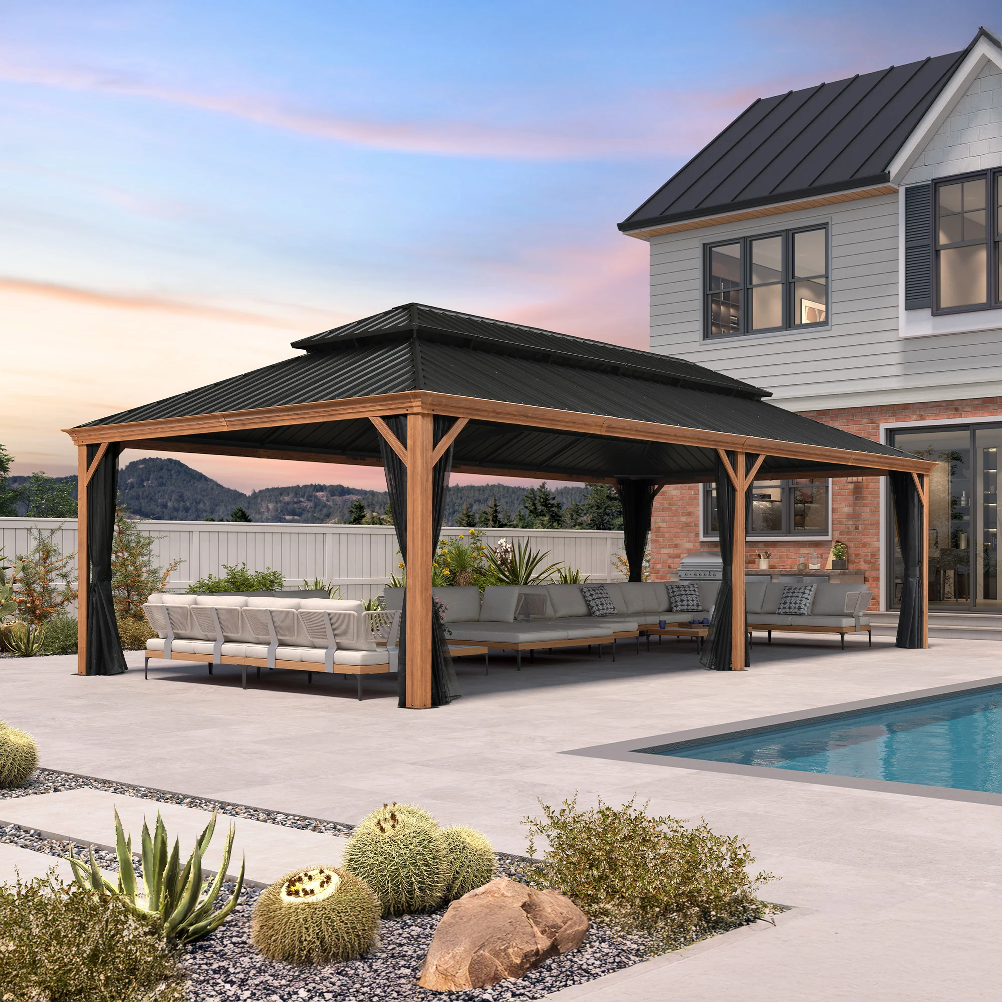 PURPLE LEAF Hardtop Gazebo for Patio Wood Grain Galvanized Steel Frame Awning with String Lights-milky - Image 55