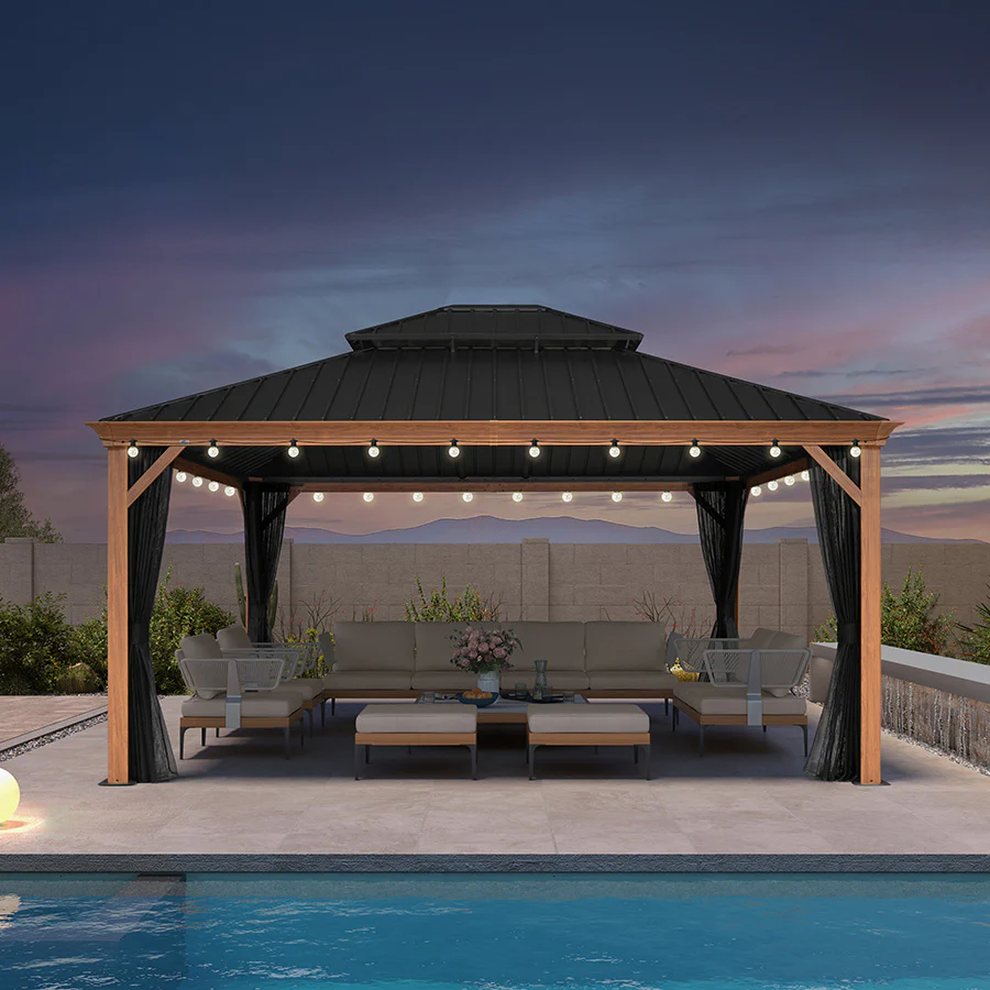 PURPLE LEAF Hardtop Gazebo for Patio Wood Grain Galvanized Steel Frame Awning with String Lights-milky - Image 58