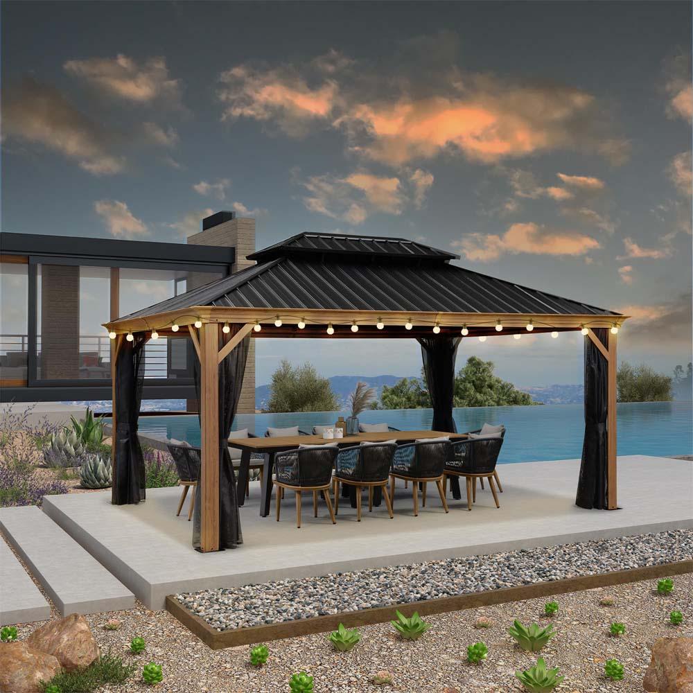 PURPLE LEAF Hardtop Gazebo for Patio Wood Grain Galvanized Steel Frame Awning with String Lights-milky - Image 9