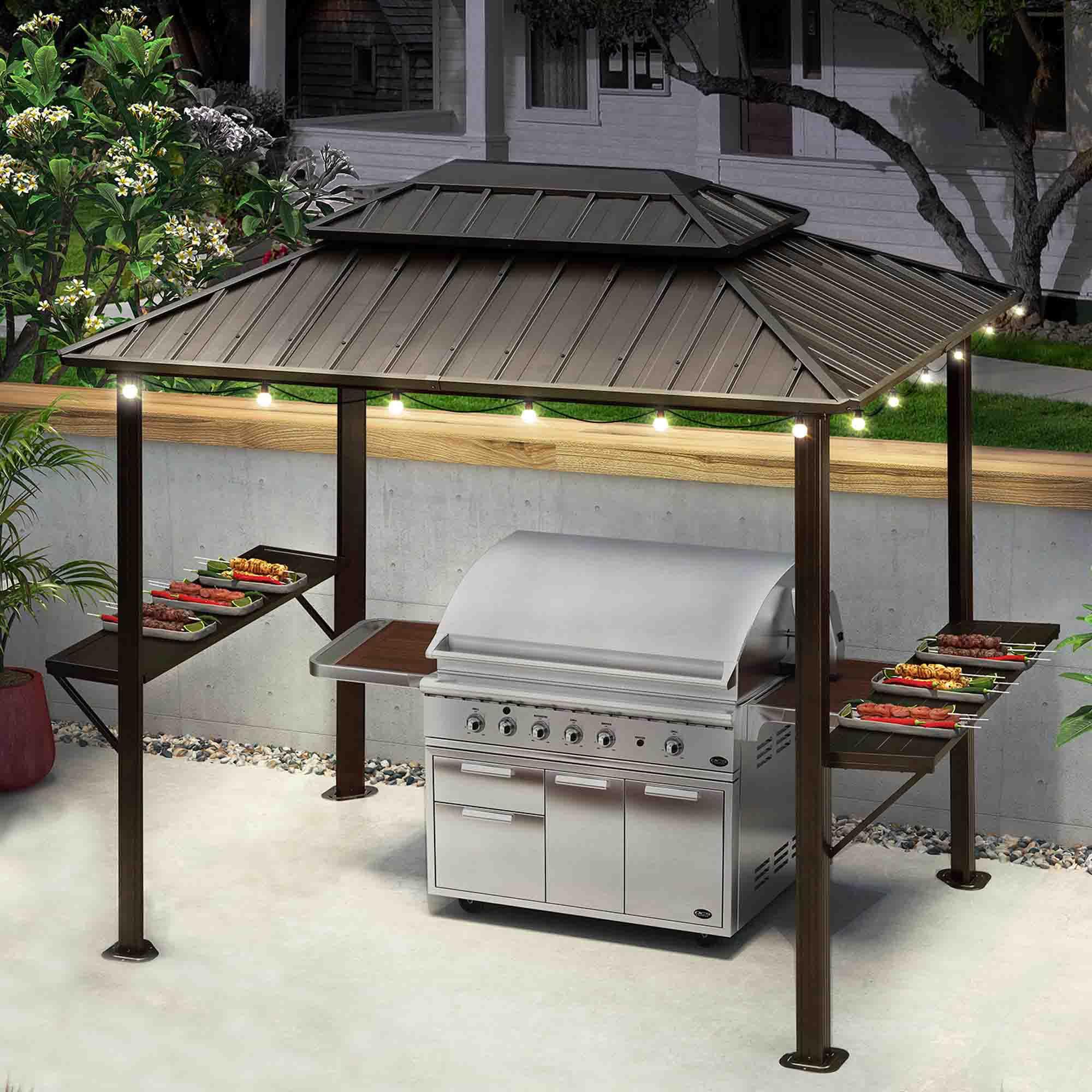PURPLE LEAF Hardtop Grill Gazebo for Patio Bronze Permanent Metal Roof Outside Sun Shade Outdoor BBQ Canopy with String Lights - Image 3