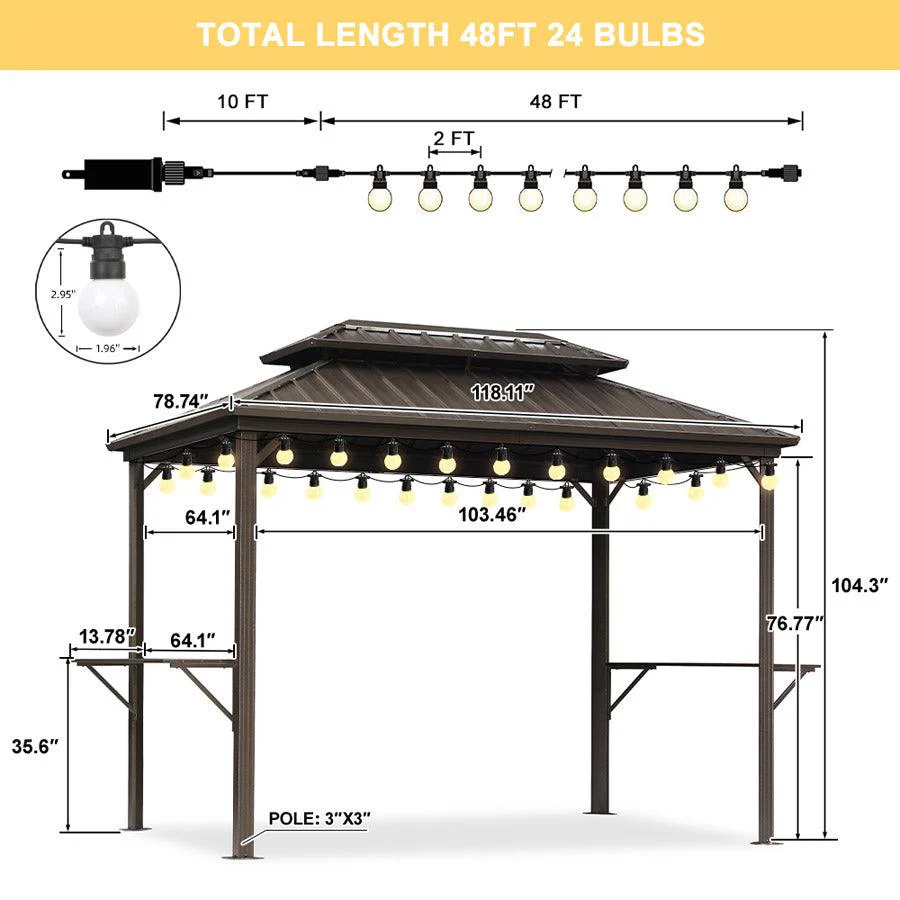 PURPLE LEAF Hardtop Grill Gazebo for Patio Bronze Permanent Metal Roof Outside Sun Shade Outdoor BBQ Canopy with String Lights - Image 57