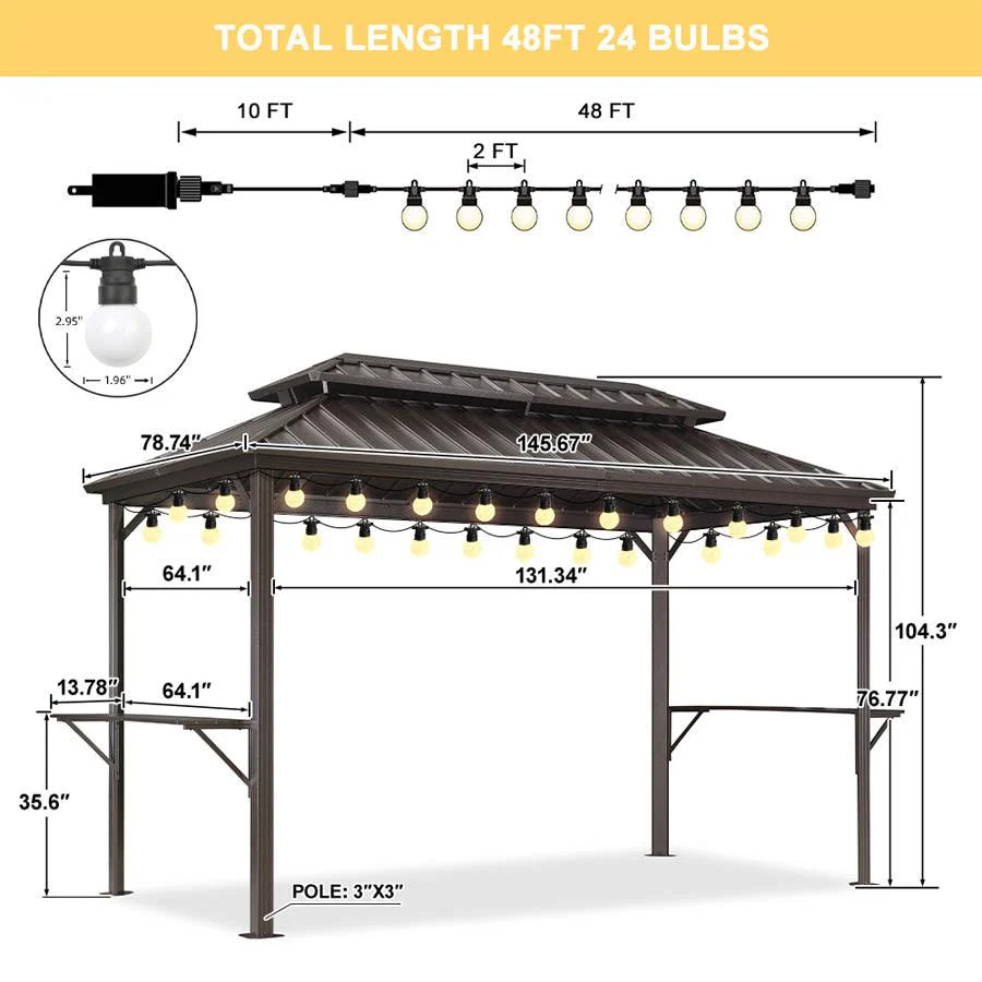 PURPLE LEAF Hardtop Grill Gazebo for Patio Bronze Permanent Metal Roof Outside Sun Shade Outdoor BBQ Canopy with String Lights - Image 58