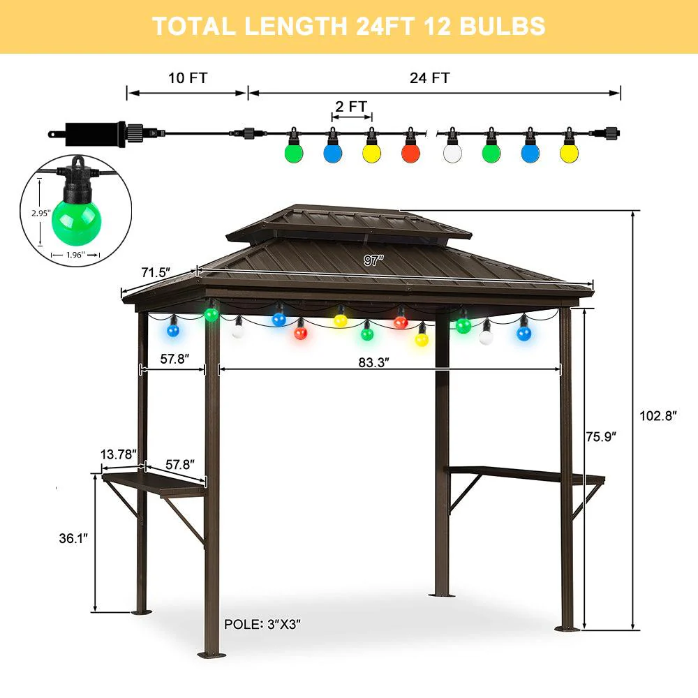 PURPLE LEAF Hardtop Grill Gazebo for Patio Bronze Permanent Metal Roof Outside Sun Shade Outdoor BBQ Canopy with String Lights - Image 60