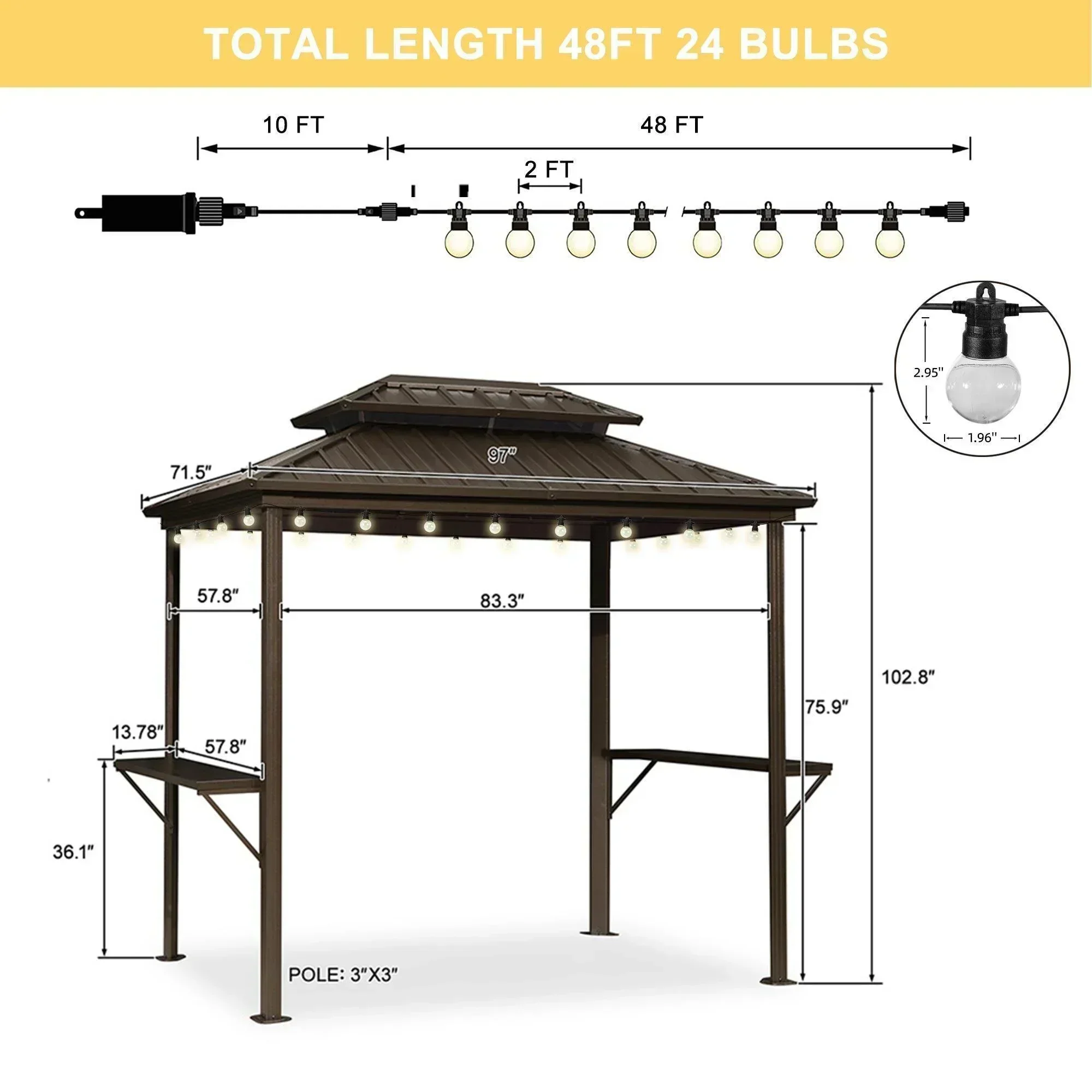 PURPLE LEAF Hardtop Grill Gazebo for Patio Bronze Permanent Metal Roof Outside Sun Shade Outdoor BBQ Canopy with String Lights - Image 65
