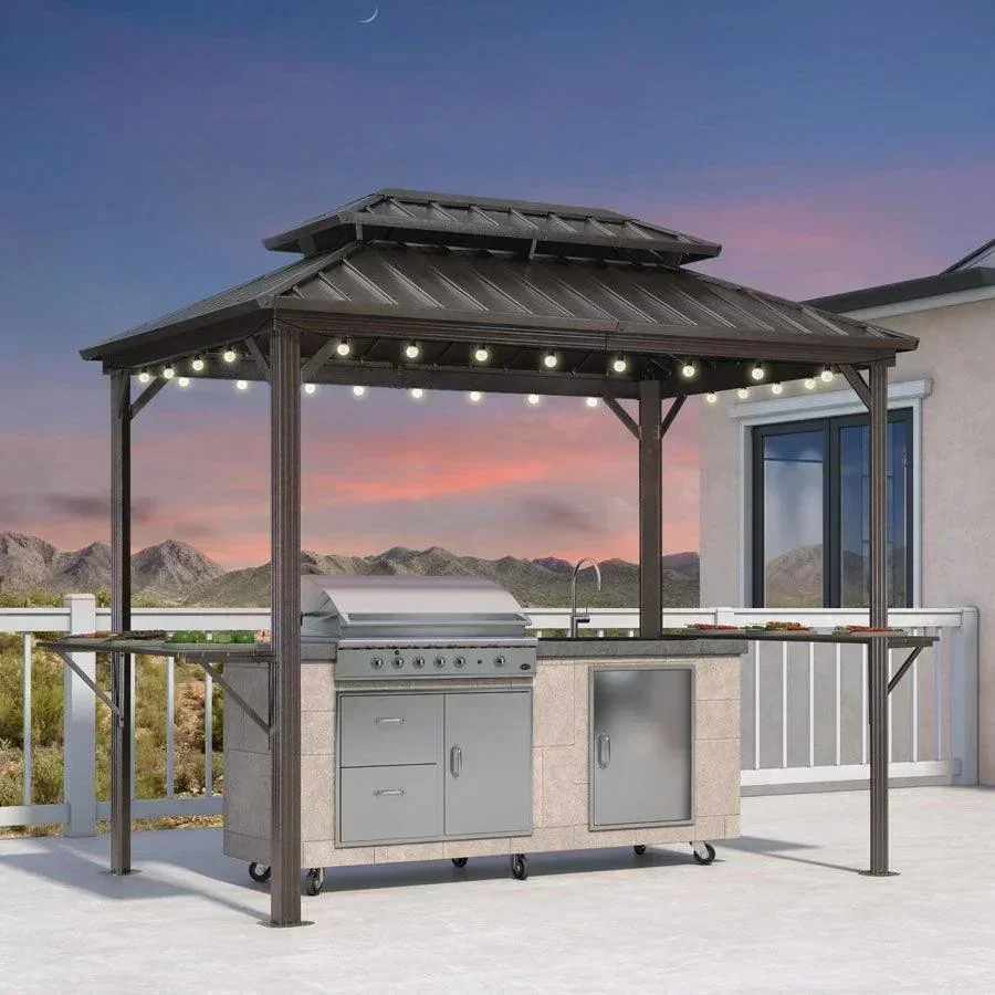 PURPLE LEAF Hardtop Grill Gazebo for Patio Bronze Permanent Metal Roof Outside Sun Shade Outdoor BBQ Canopy with String Lights - Image 68