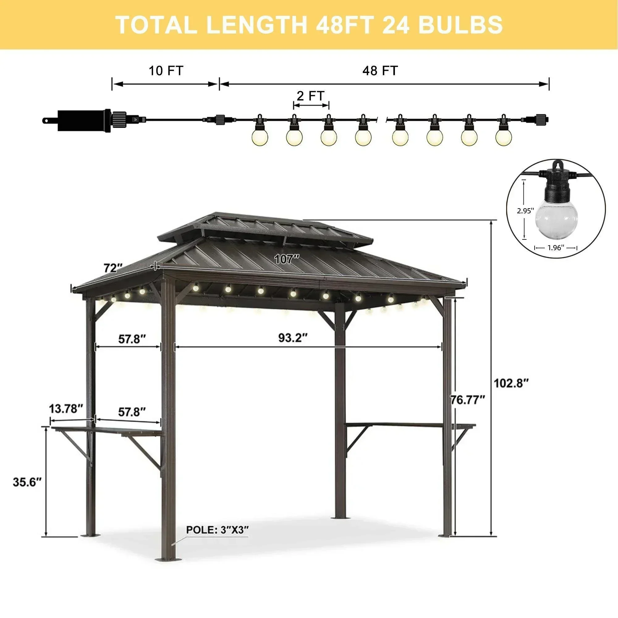PURPLE LEAF Hardtop Grill Gazebo for Patio Bronze Permanent Metal Roof Outside Sun Shade Outdoor BBQ Canopy with String Lights - Image 69