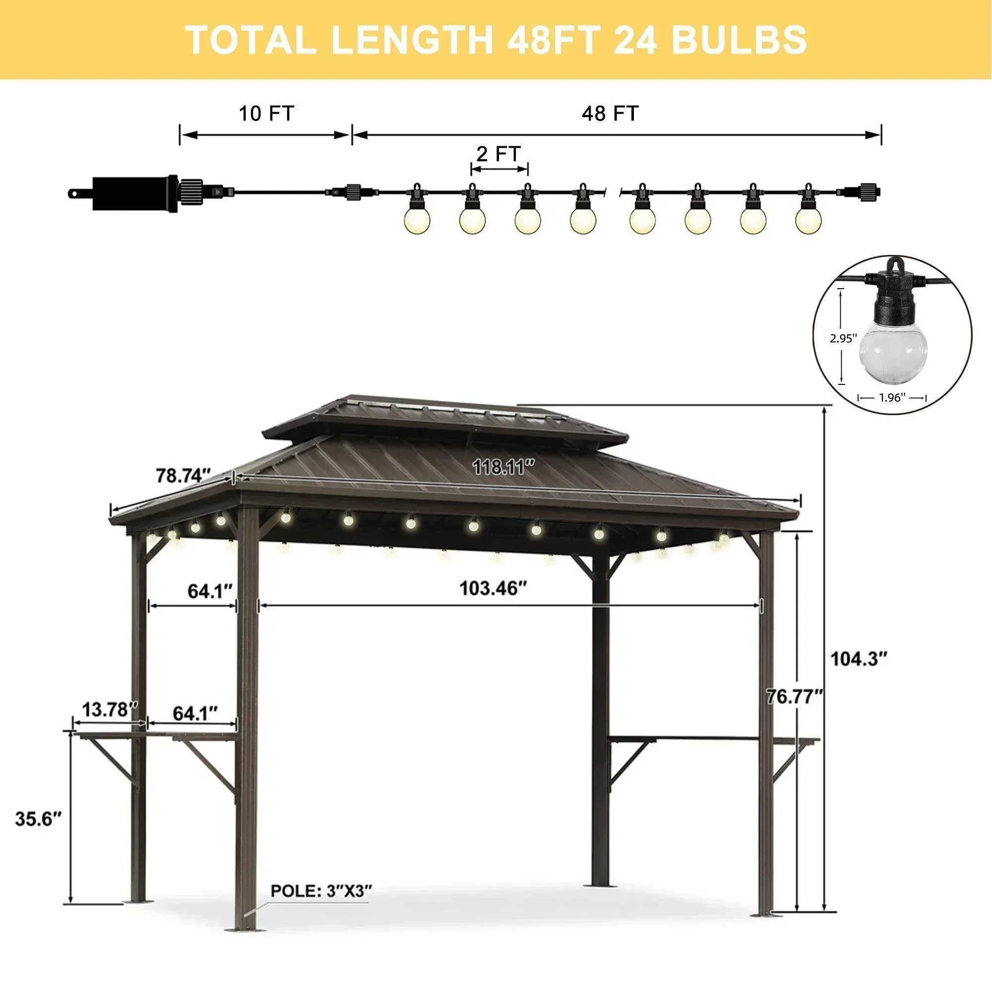 PURPLE LEAF Hardtop Grill Gazebo for Patio Bronze Permanent Metal Roof Outside Sun Shade Outdoor BBQ Canopy with String Lights - Image 71