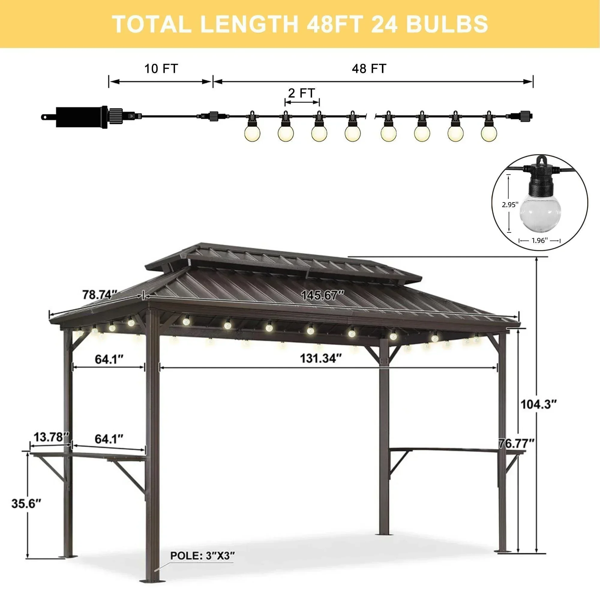 PURPLE LEAF Hardtop Grill Gazebo for Patio Bronze Permanent Metal Roof Outside Sun Shade Outdoor BBQ Canopy with String Lights - Image 73