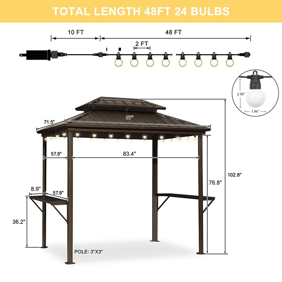 PURPLE LEAF Hardtop Grill Gazebo for Patio Bronze Permanent Metal Roof Outside Sun Shade Outdoor BBQ Canopy with String Lights - Image 83
