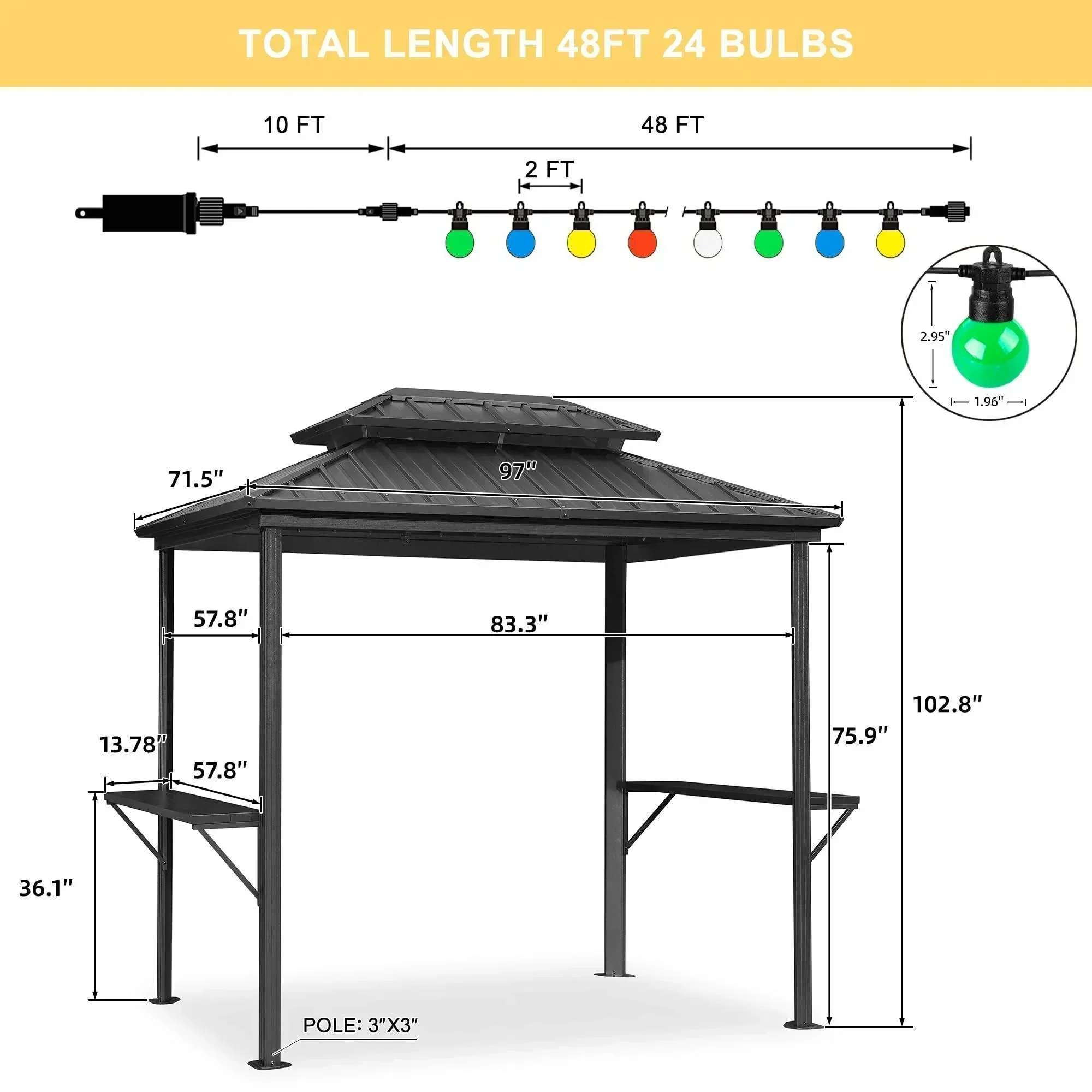PURPLE LEAF Hardtop Grill Gazebo for Patio Grey Permanent Metal Roof Outside Sun Shade Outdoor BBQ Canopy with String Lights - Image 11