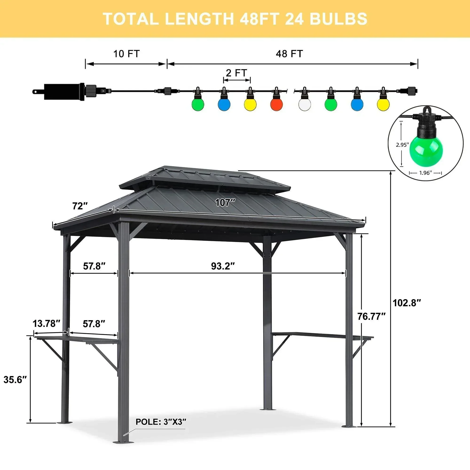 PURPLE LEAF Hardtop Grill Gazebo for Patio Grey Permanent Metal Roof Outside Sun Shade Outdoor BBQ Canopy with String Lights - Image 14