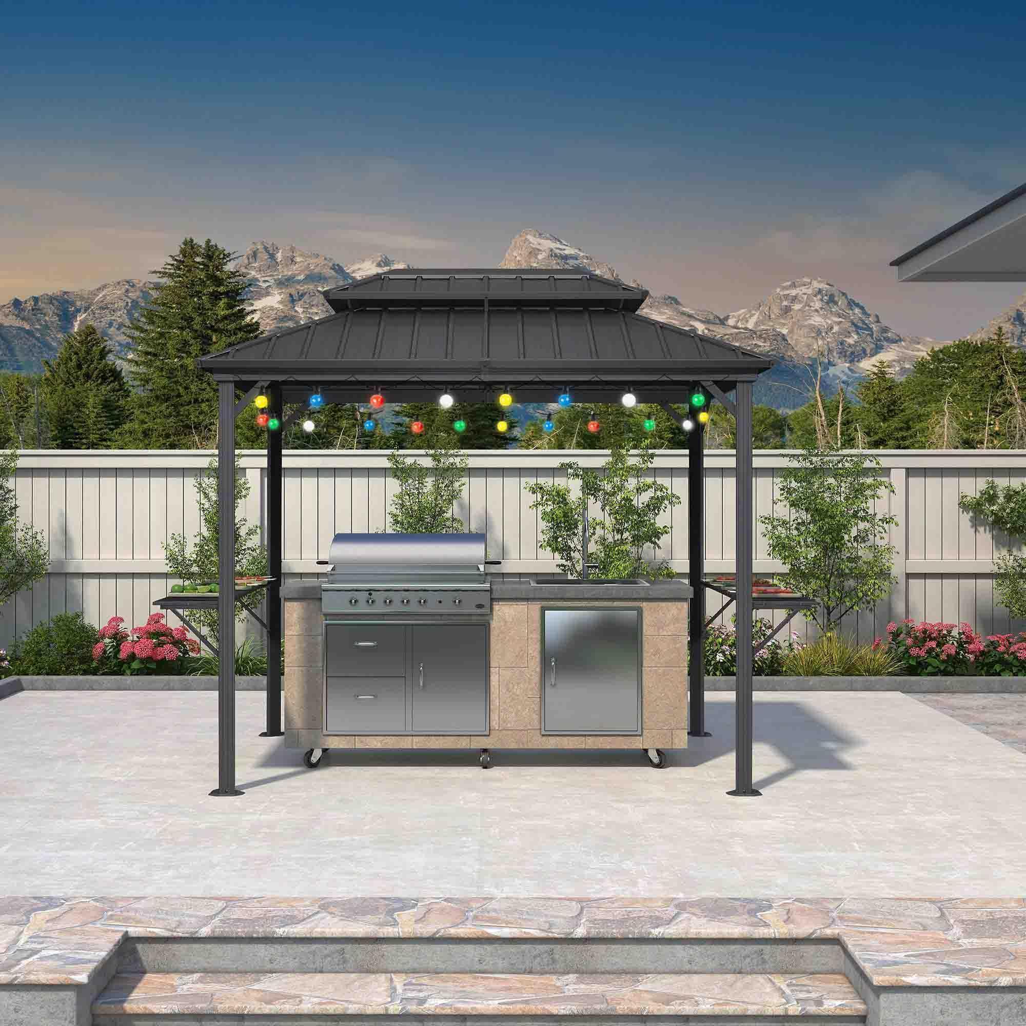 PURPLE LEAF Hardtop Grill Gazebo for Patio Grey Permanent Metal Roof Outside Sun Shade Outdoor BBQ Canopy with String Lights - Image 20