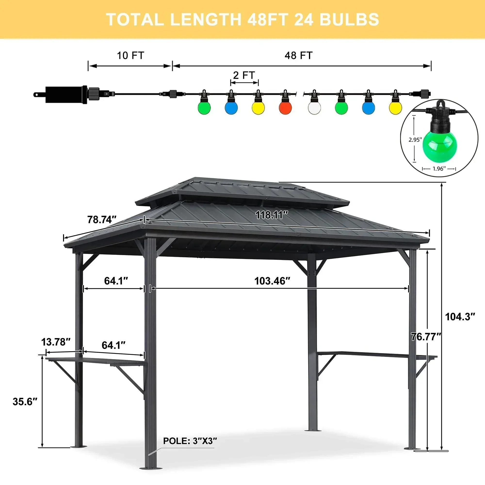 PURPLE LEAF Hardtop Grill Gazebo for Patio Grey Permanent Metal Roof Outside Sun Shade Outdoor BBQ Canopy with String Lights - Image 23