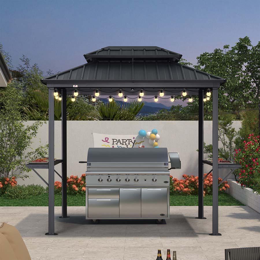 PURPLE LEAF Hardtop Grill Gazebo for Patio Grey Permanent Metal Roof Outside Sun Shade Outdoor BBQ Canopy with String Lights - Image 3
