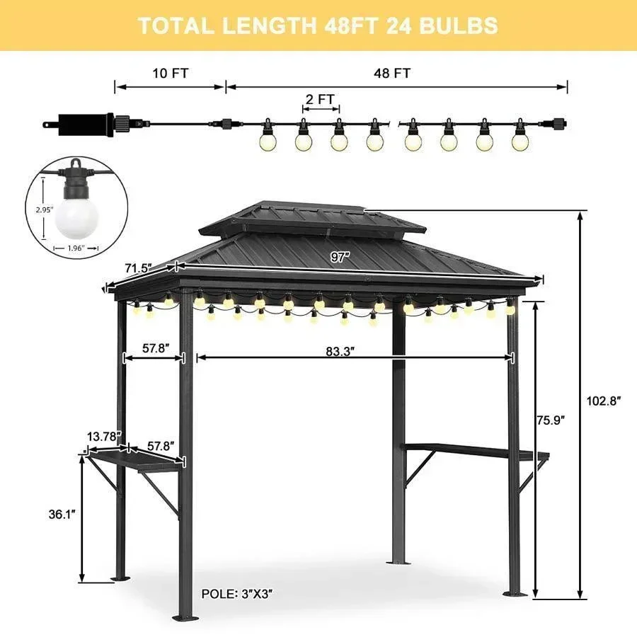 PURPLE LEAF Hardtop Grill Gazebo for Patio Grey Permanent Metal Roof Outside Sun Shade Outdoor BBQ Canopy with String Lights - Image 38