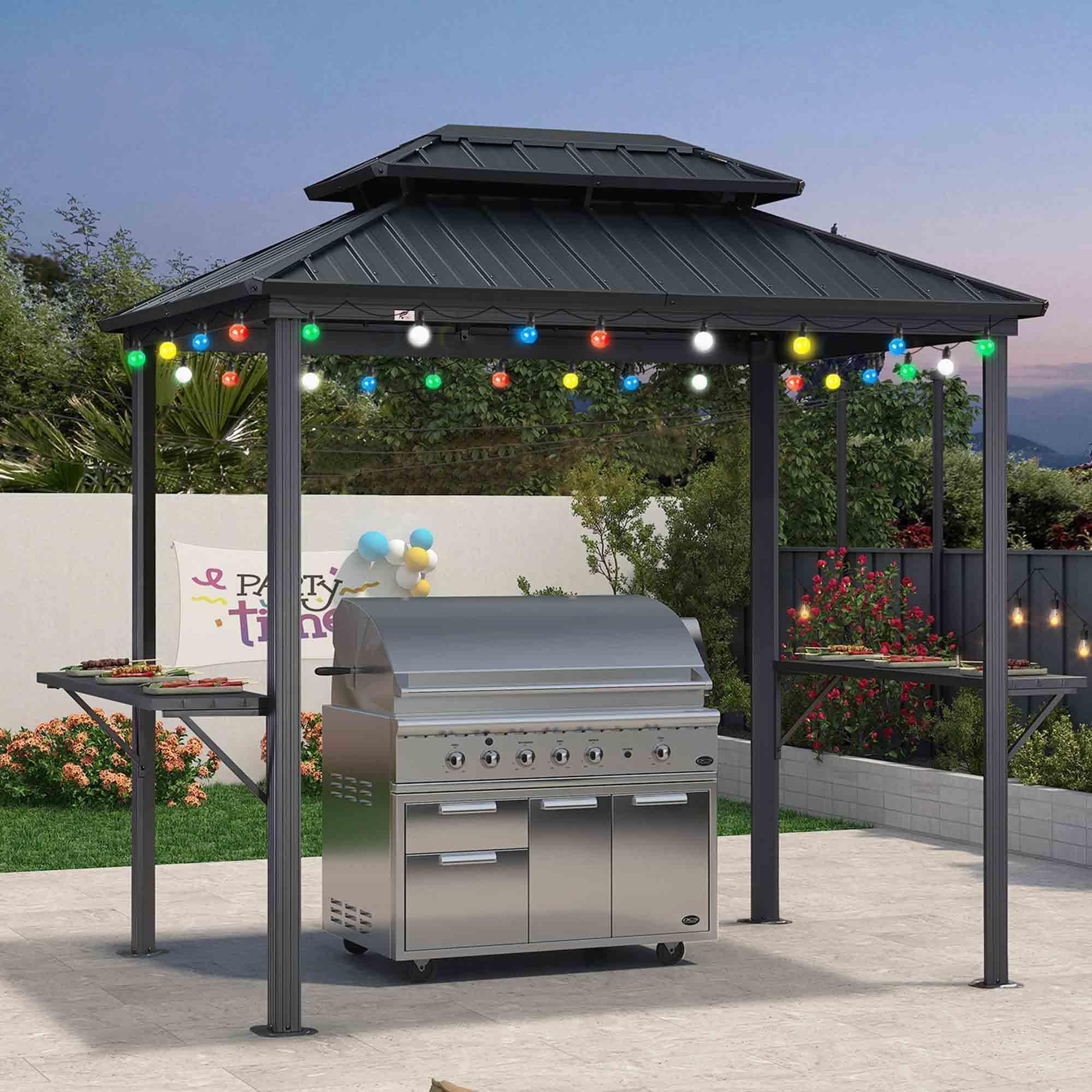 PURPLE LEAF Hardtop Grill Gazebo for Patio Grey Permanent Metal Roof Outside Sun Shade Outdoor BBQ Canopy with String Lights - Image 4
