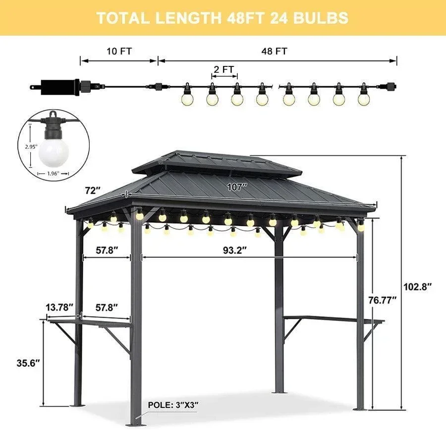 PURPLE LEAF Hardtop Grill Gazebo for Patio Grey Permanent Metal Roof Outside Sun Shade Outdoor BBQ Canopy with String Lights - Image 42