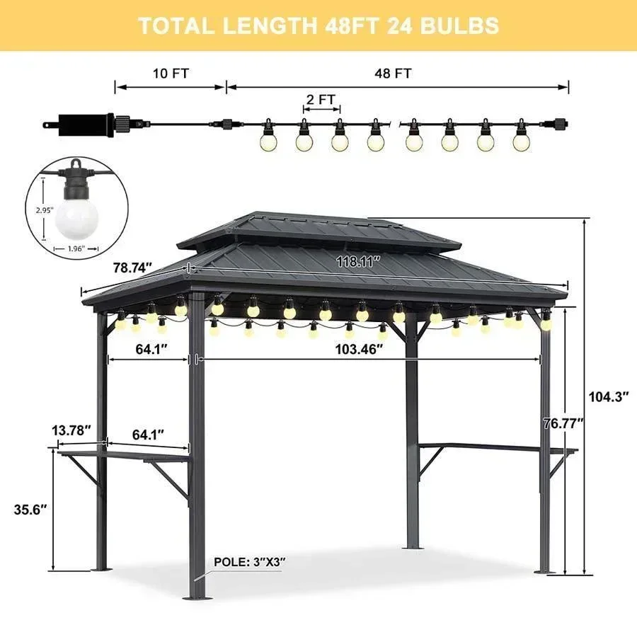 PURPLE LEAF Hardtop Grill Gazebo for Patio Grey Permanent Metal Roof Outside Sun Shade Outdoor BBQ Canopy with String Lights - Image 43