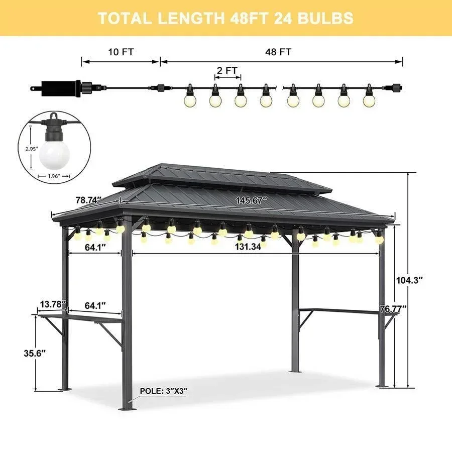 PURPLE LEAF Hardtop Grill Gazebo for Patio Grey Permanent Metal Roof Outside Sun Shade Outdoor BBQ Canopy with String Lights - Image 46