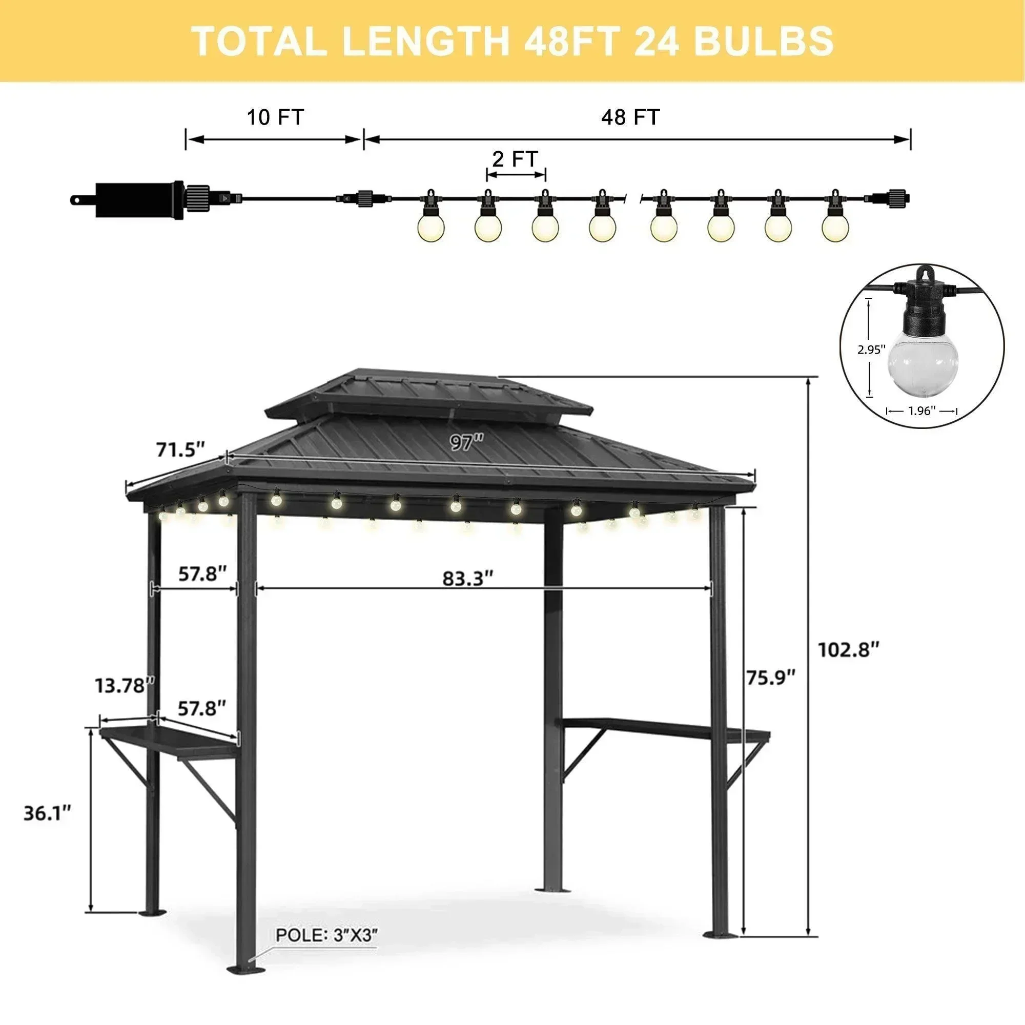 PURPLE LEAF Hardtop Grill Gazebo for Patio Grey Permanent Metal Roof Outside Sun Shade Outdoor BBQ Canopy with String Lights - Image 53
