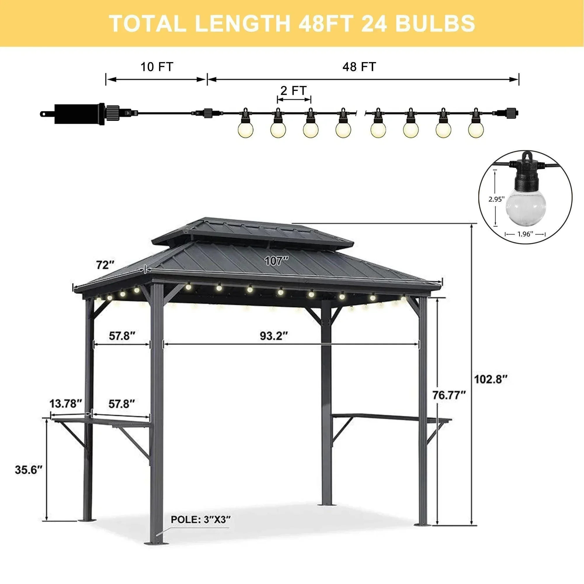 PURPLE LEAF Hardtop Grill Gazebo for Patio Grey Permanent Metal Roof Outside Sun Shade Outdoor BBQ Canopy with String Lights - Image 55