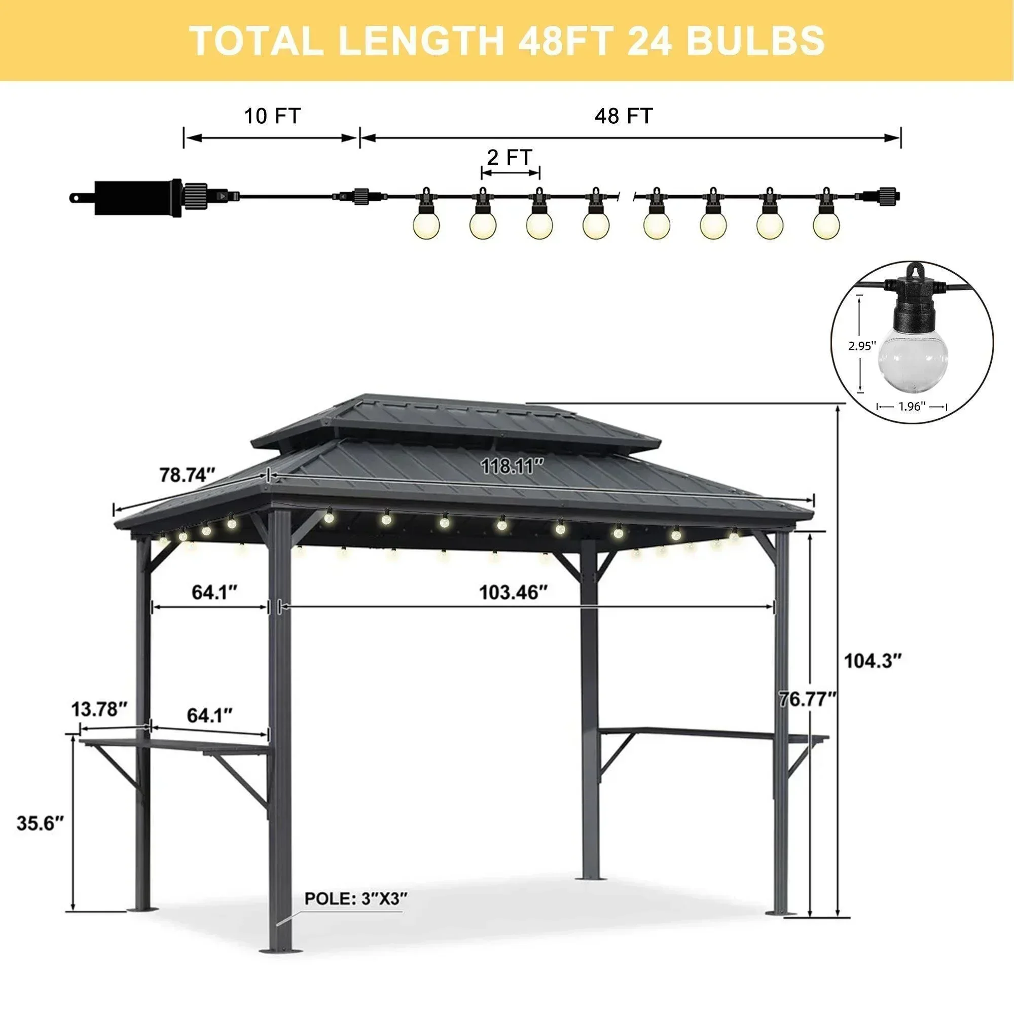 PURPLE LEAF Hardtop Grill Gazebo for Patio Grey Permanent Metal Roof Outside Sun Shade Outdoor BBQ Canopy with String Lights - Image 59
