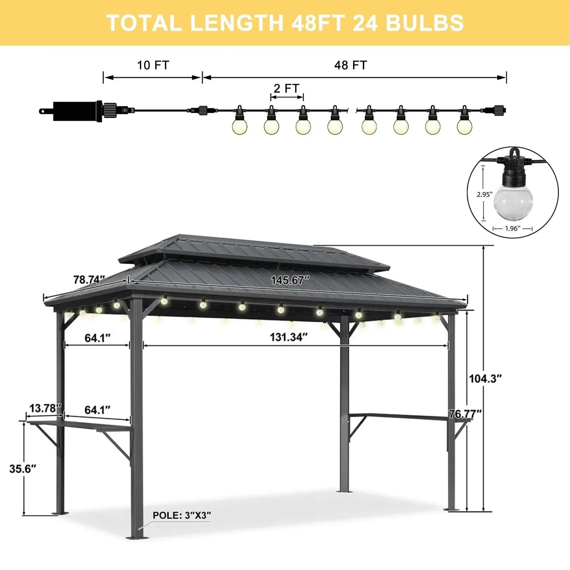 PURPLE LEAF Hardtop Grill Gazebo for Patio Grey Permanent Metal Roof Outside Sun Shade Outdoor BBQ Canopy with String Lights - Image 62