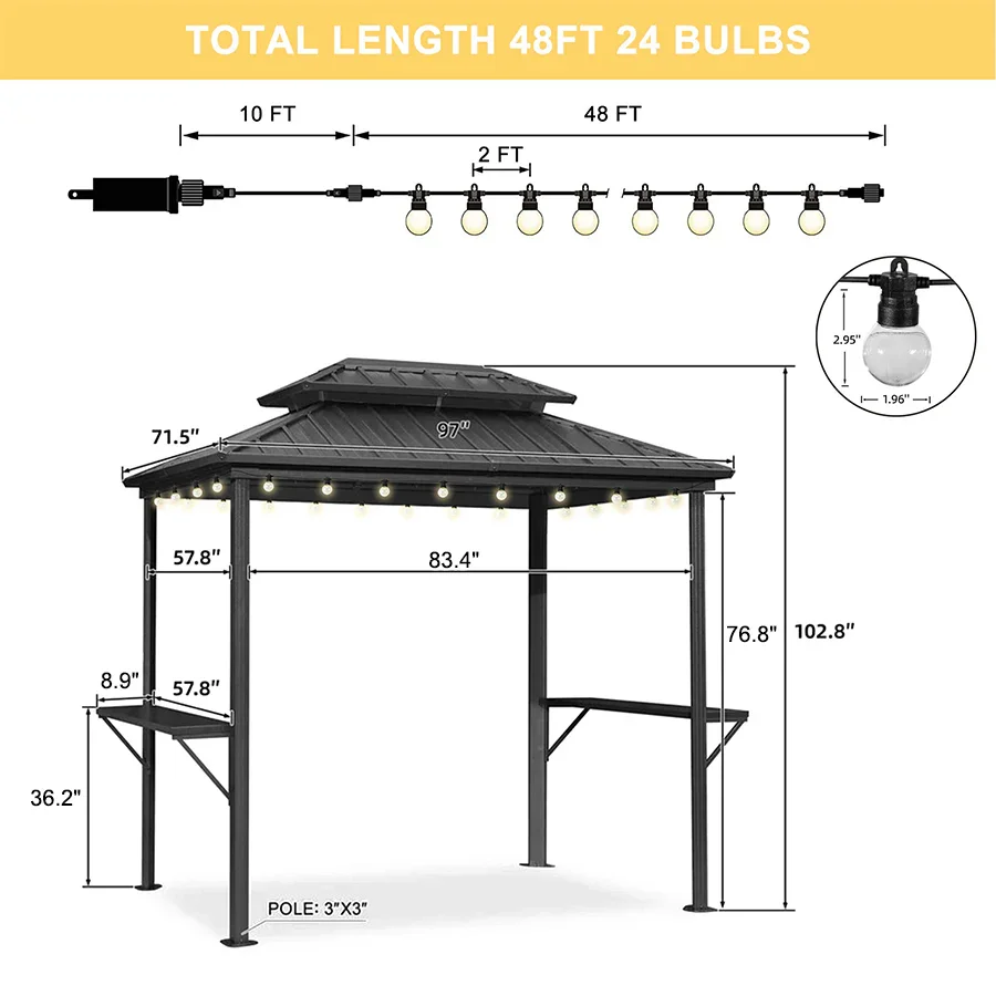 PURPLE LEAF Hardtop Grill Gazebo for Patio Grey Permanent Metal Roof Outside Sun Shade Outdoor BBQ Canopy with String Lights - Image 70